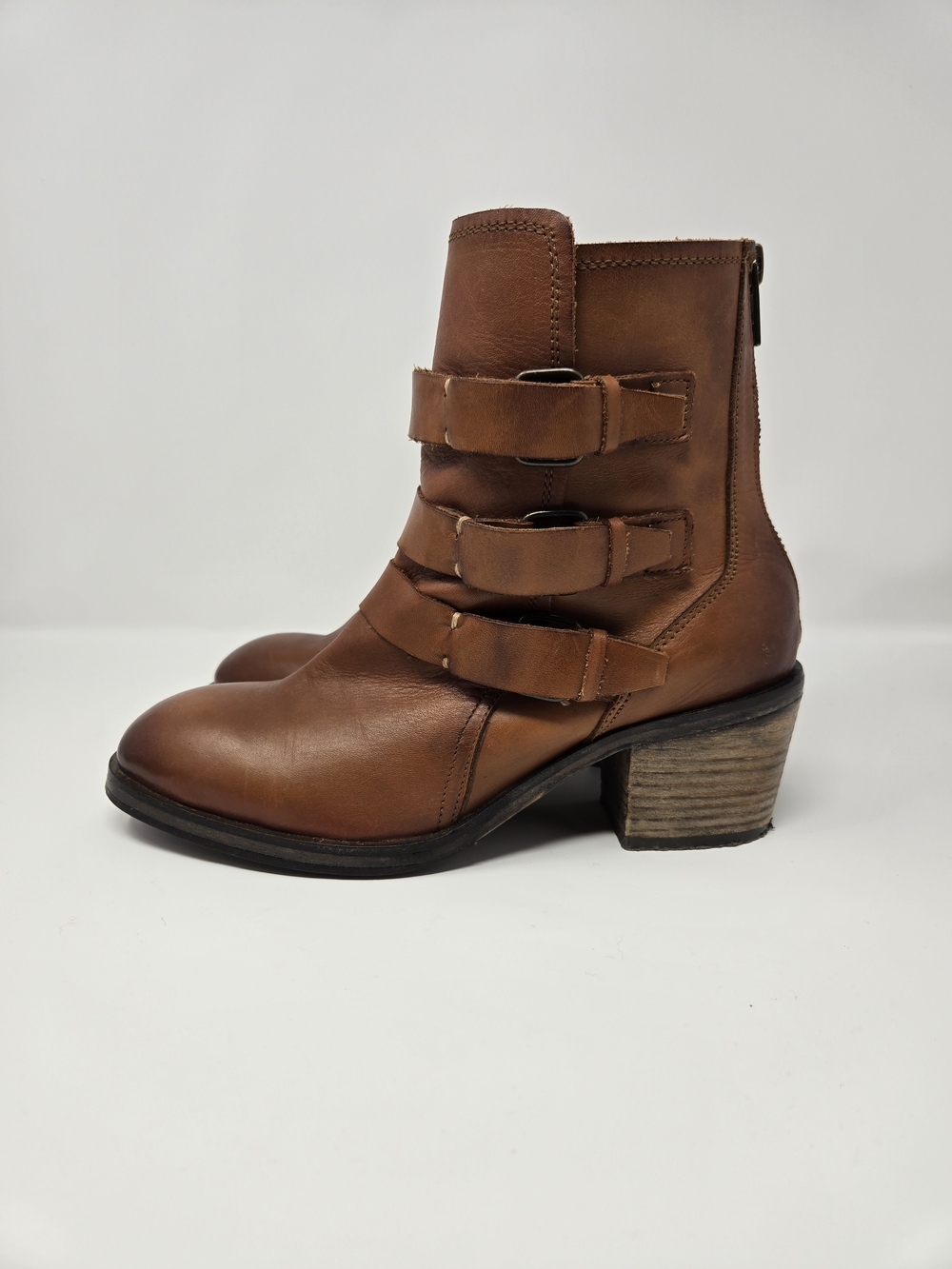 Rebels Deen Brown Tan Leather Triple-Buckle Ankle Boots